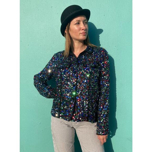 Vintage UNIQUE FULLY SEQUIN RAYON BUTTON UP COLLARED SHIRT JACKET - Picture 1 of 9